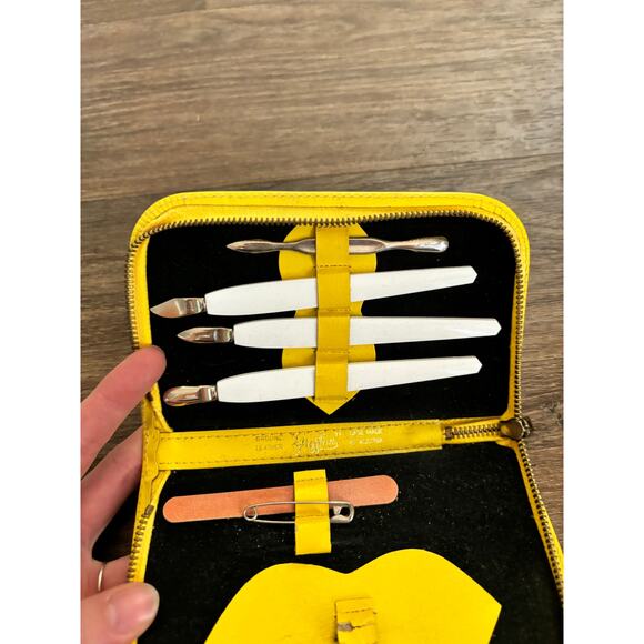 Vintage Griffon Manicure Nail Set Kit Embroidered Leather Austria Yellow AS IS - Picture 8 of 10